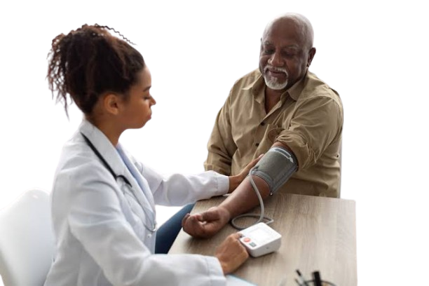 A nurse taking a guest's blood pressure